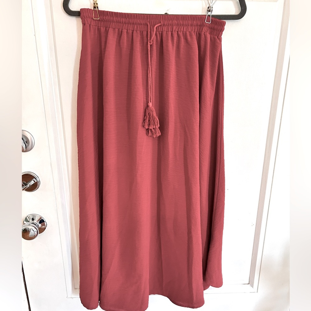 Drawstring brick red maxi skirt